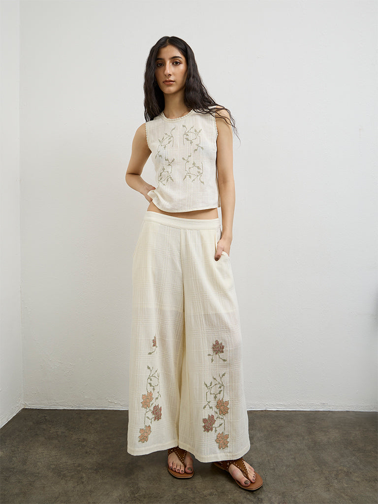 Bombay Paisley Off-White High-Rise Cotton Palazzos