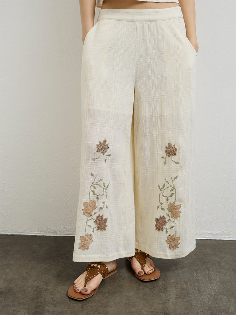 Bombay Paisley Off-White High-Rise Cotton Palazzos