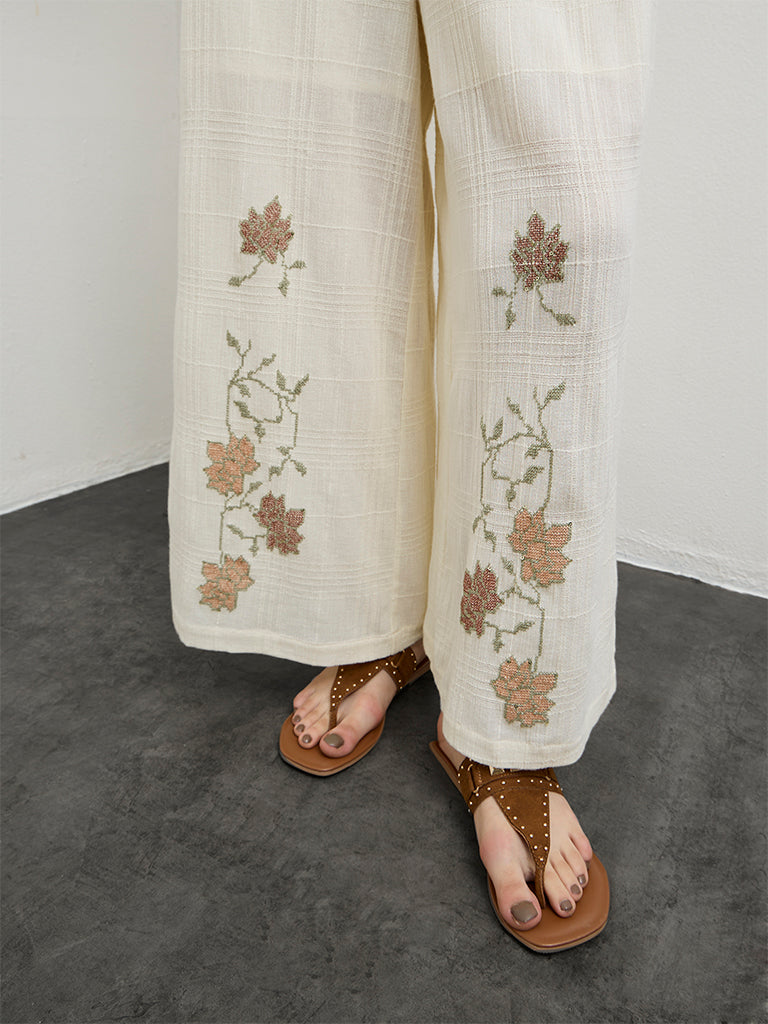 Bombay Paisley Off-White High-Rise Cotton Palazzos