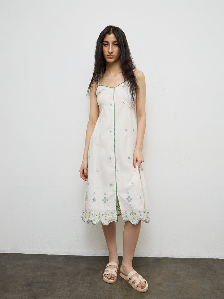 Bombay Paisley Off-White Embroidered Cotton A-Line Dress