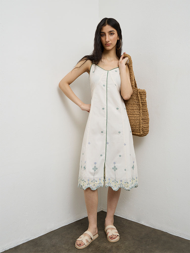 Bombay Paisley Off-White Embroidered Cotton A-Line Dress