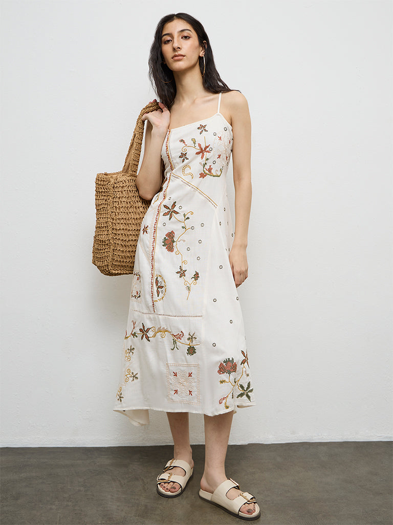 Bombay Paisley Off-White Floral Embroidered A-Line Dress