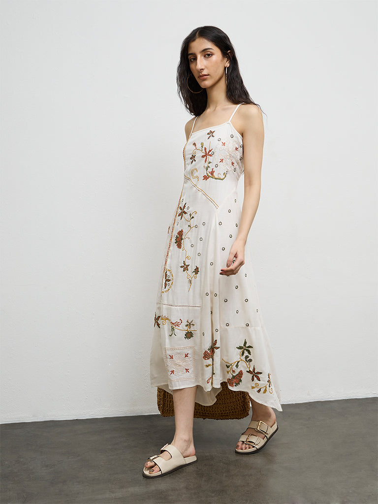 Bombay Paisley Off-White Floral Embroidered A-Line Dress