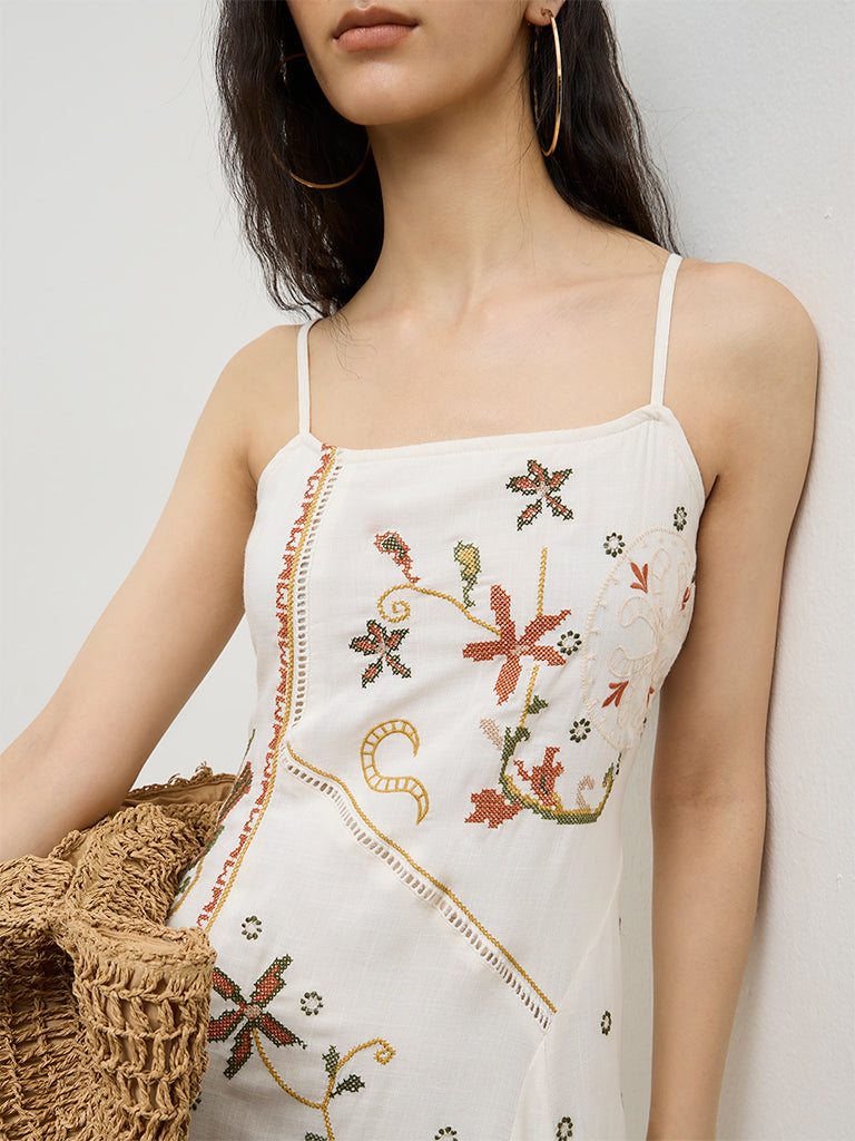 Bombay Paisley Off-White Floral Embroidered A-Line Dress