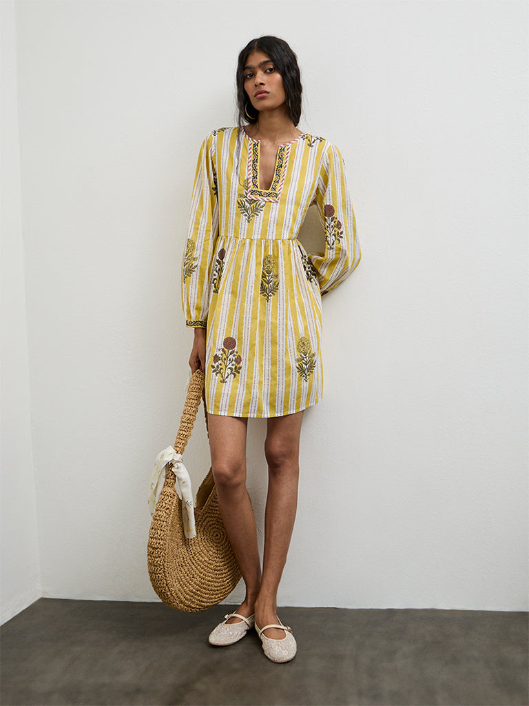 Bombay Paisley Yellow Striped Cotton A-Line Dress