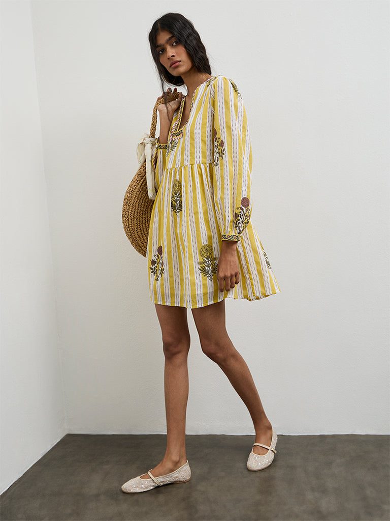 Bombay Paisley Yellow Striped Cotton A-Line Dress