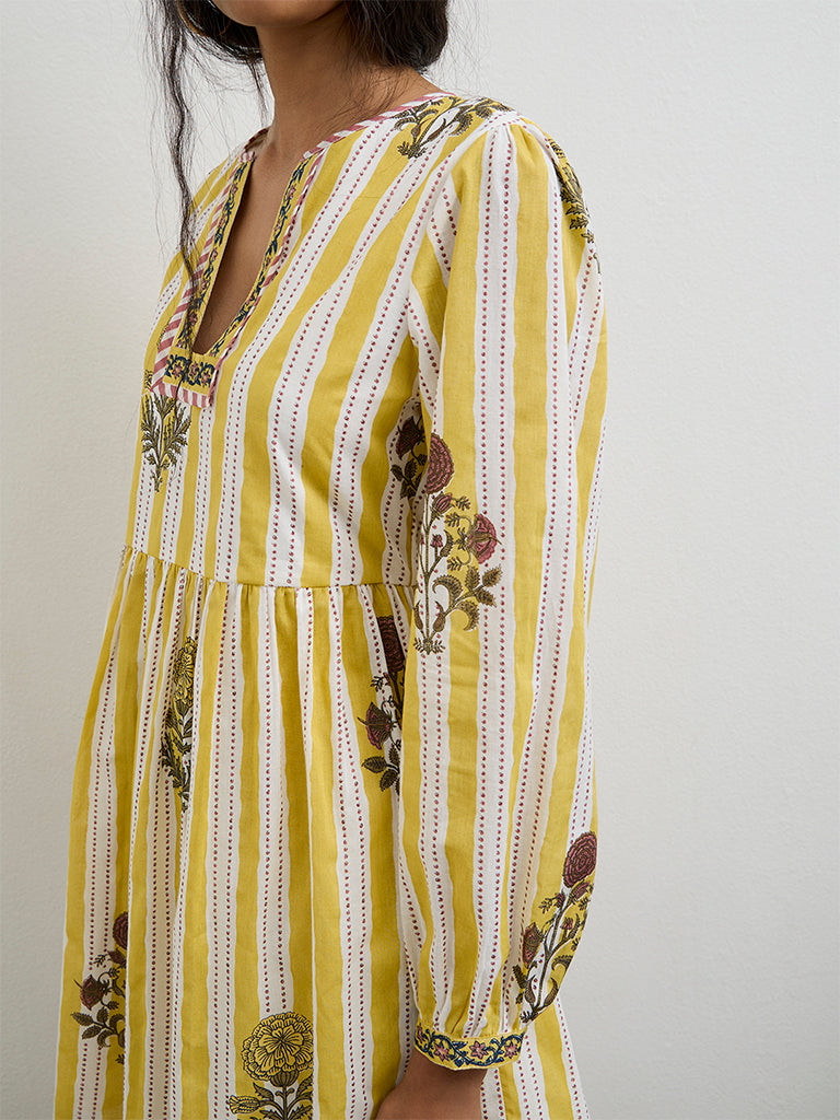 Bombay Paisley Yellow Striped Cotton A-Line Dress
