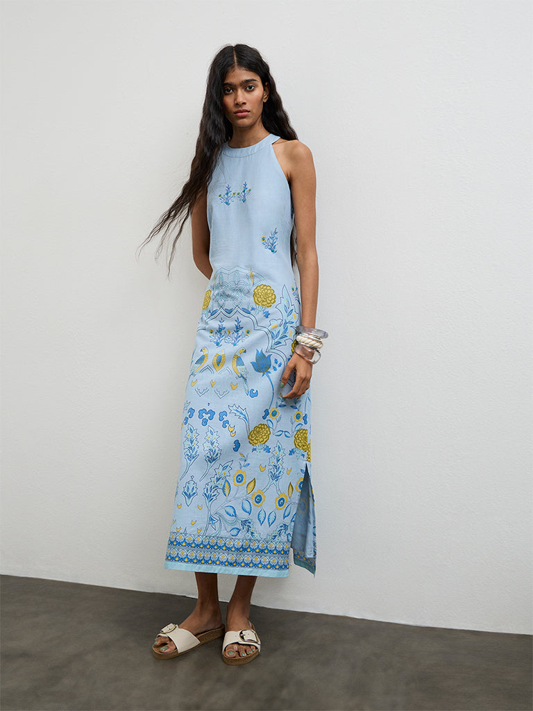 Bombay Paisley Blue Floral Printed Cotton Straight Dress
