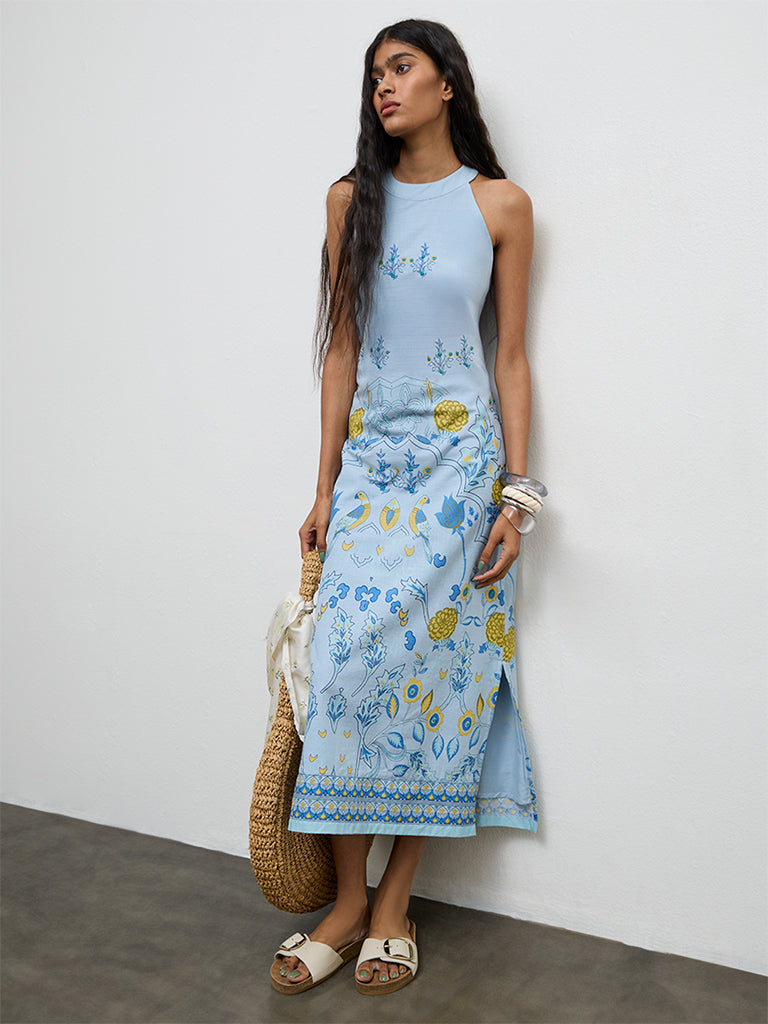 Bombay Paisley Blue Floral Printed Cotton Straight Dress