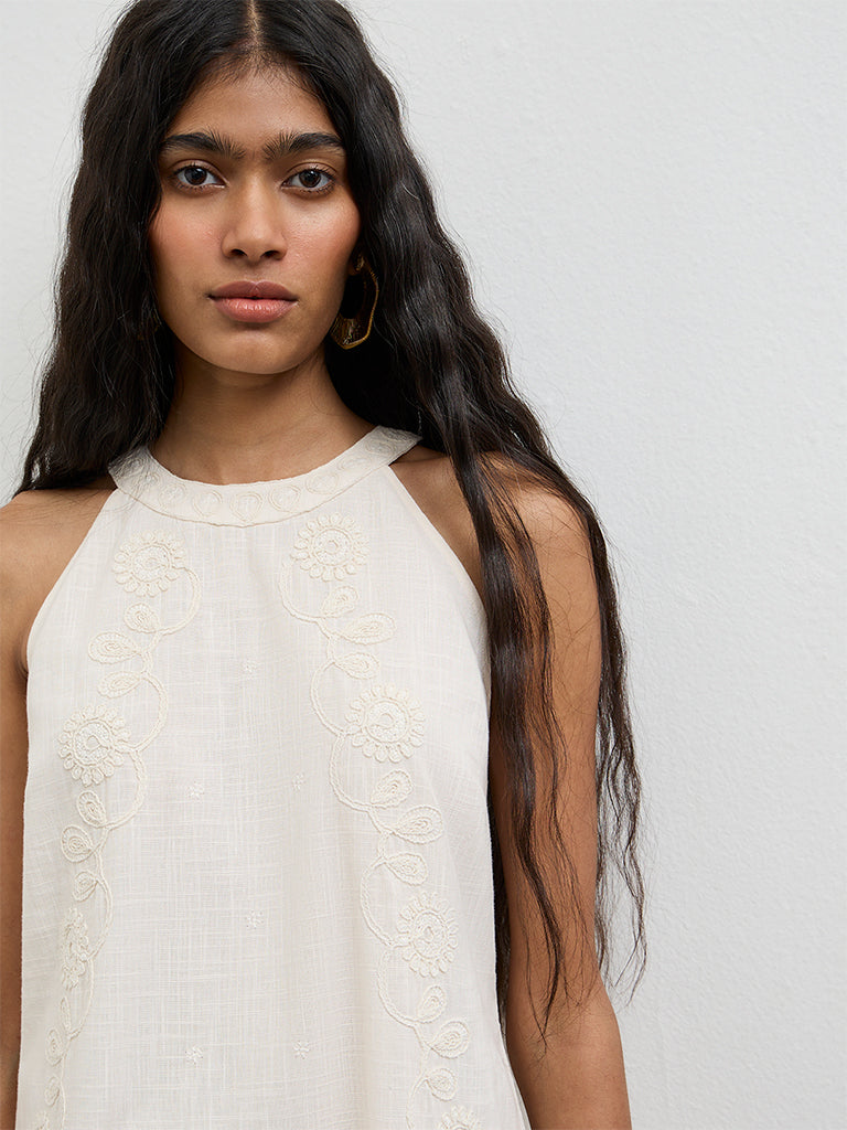 Bombay Paisley Off-White Embroidered Cotton Shift Dress