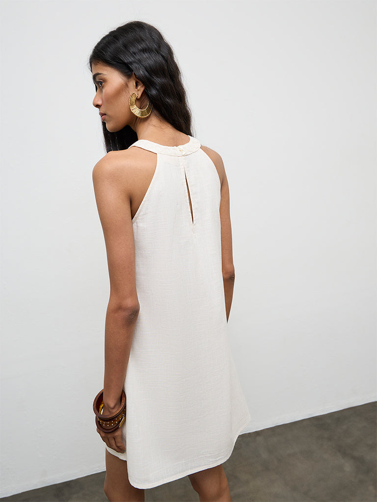 Bombay Paisley Off-White Embroidered Cotton Shift Dress