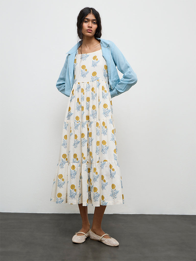 Bombay Paisley White Floral Cotton Tiered Dress With Jacket