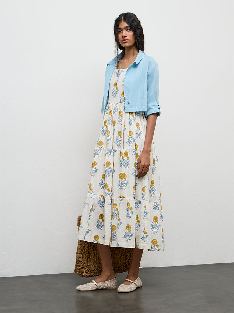 Bombay Paisley White Floral Cotton Tiered Dress With Jacket