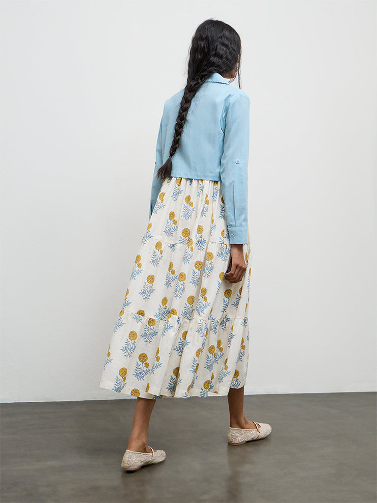 Bombay Paisley White Floral Cotton Tiered Dress With Jacket