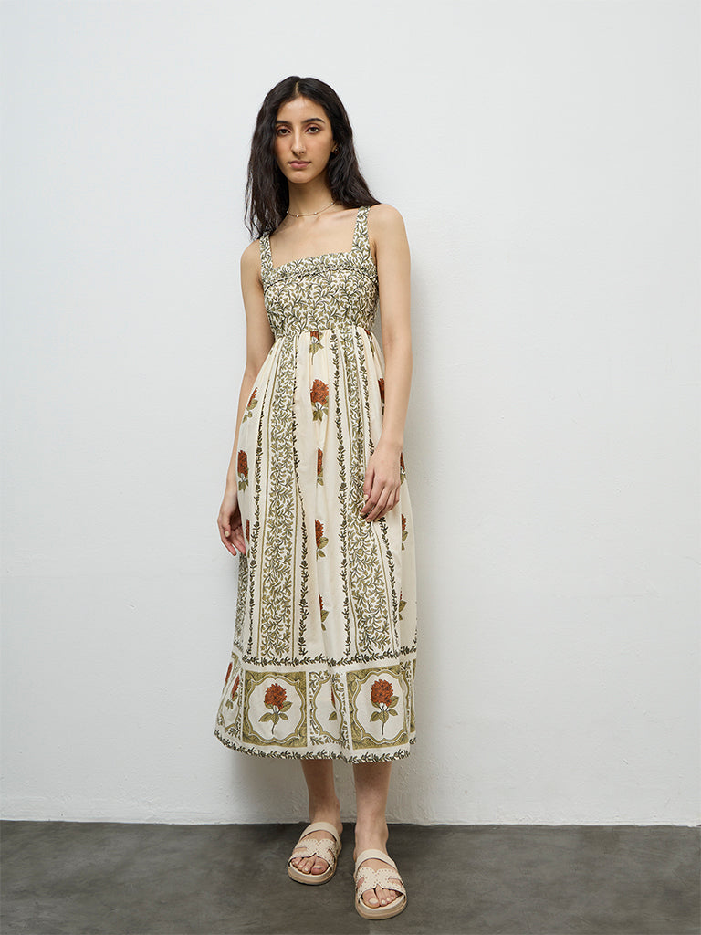 Bombay Paisley Off-White Printed Cotton A-Line Dress