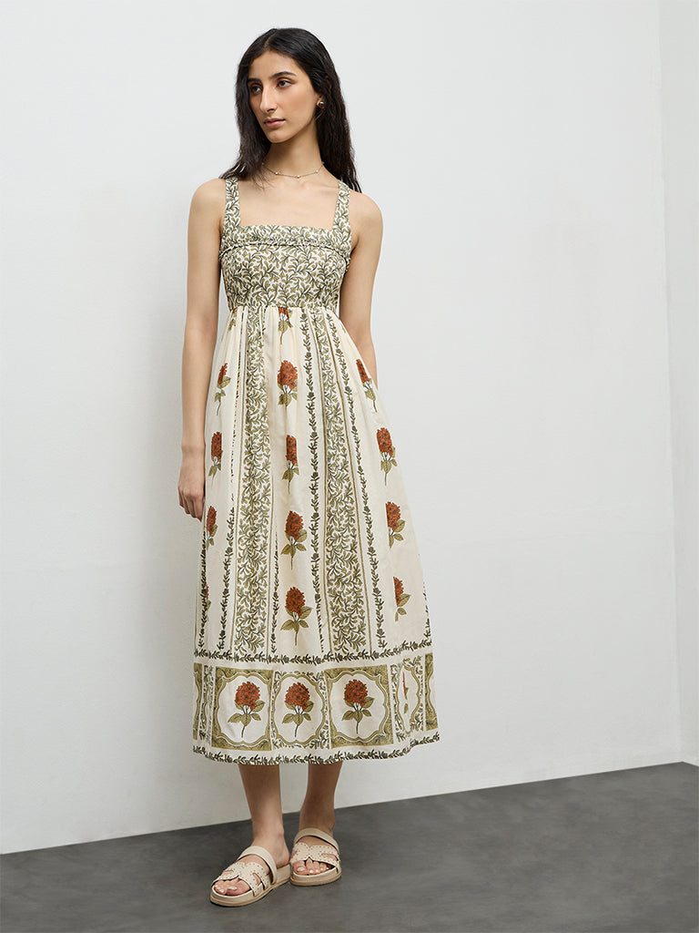 Bombay Paisley Off-White Printed Cotton A-Line Dress