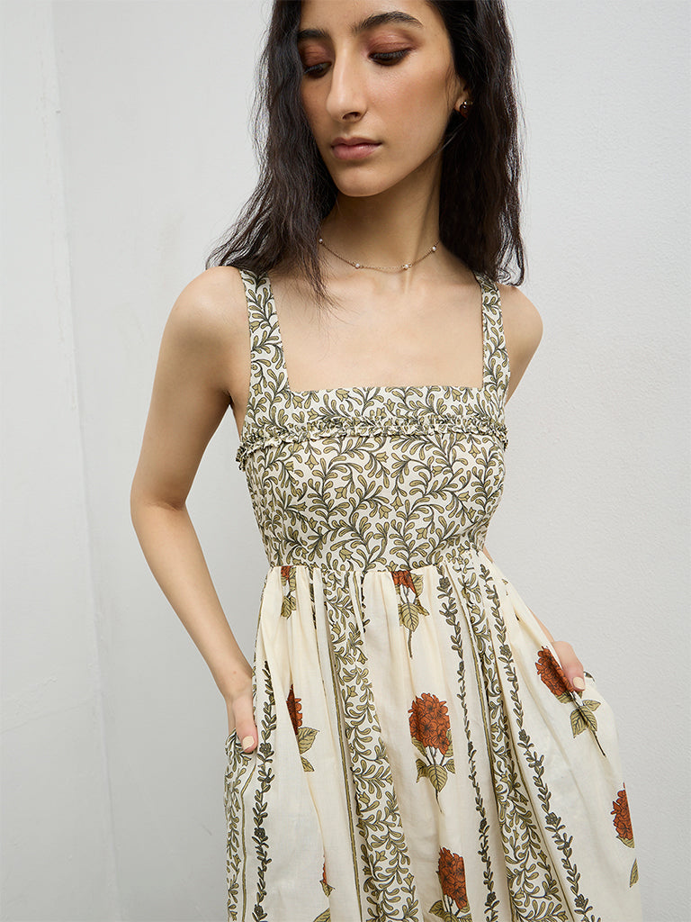 Bombay Paisley Off-White Printed Cotton A-Line Dress