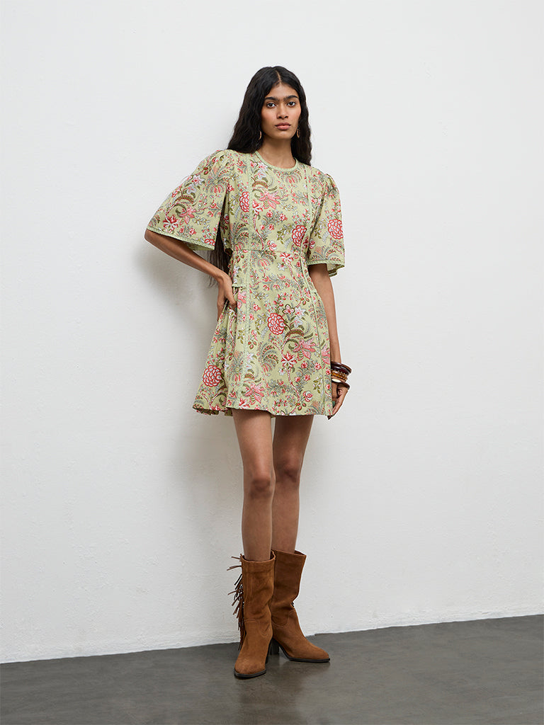Bombay Paisley Green Floral Printed A-Line Cotton-Blend Dress