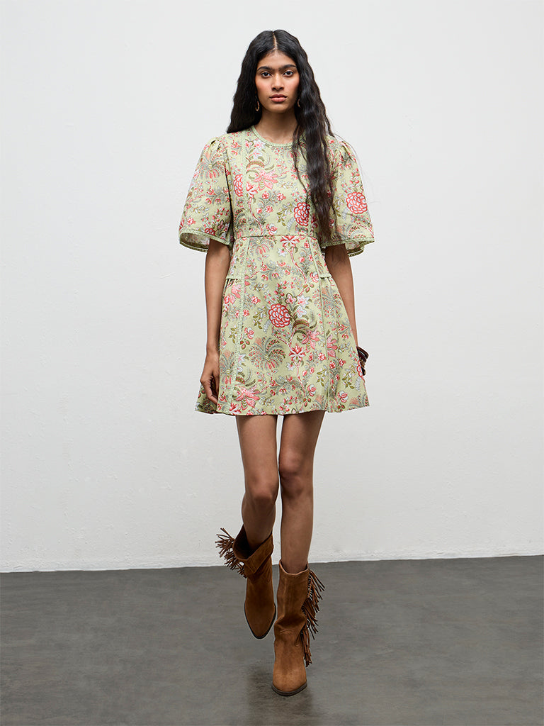 Bombay Paisley Green Floral Printed A-Line Cotton-Blend Dress