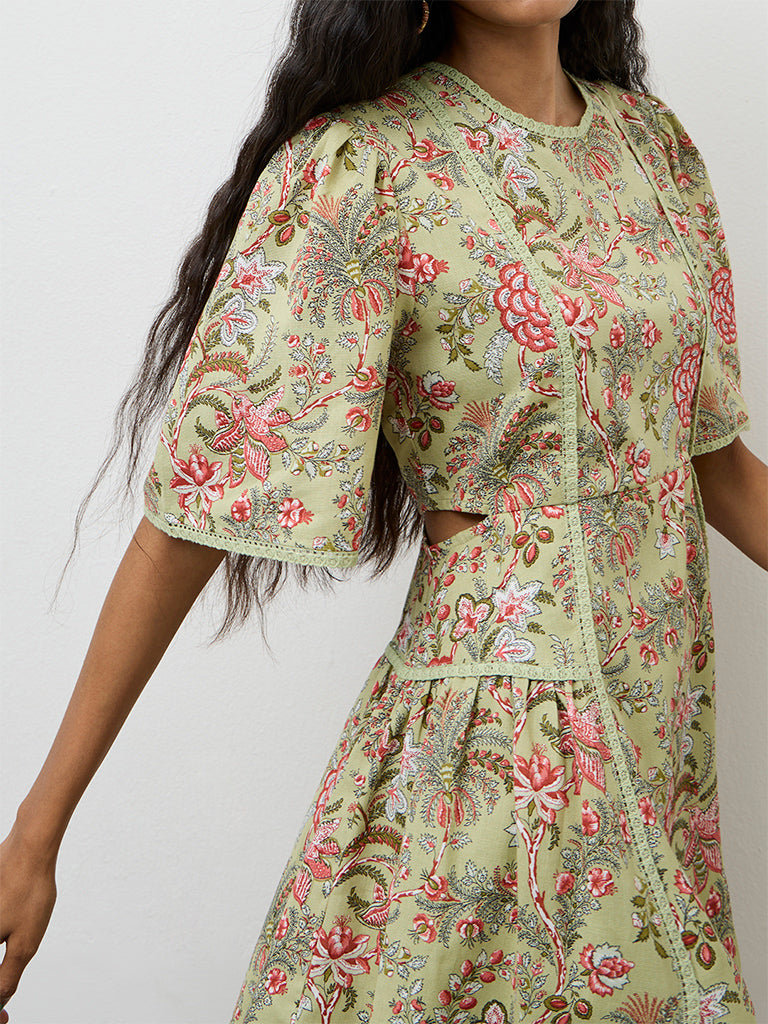 Bombay Paisley Green Floral Printed A-Line Cotton-Blend Dress
