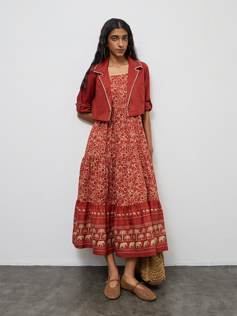 Bombay Paisley Rust Cotton Tiered Dress with Jacket Set