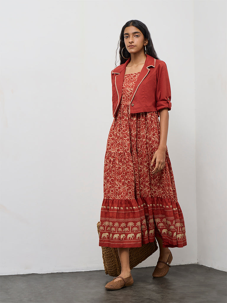 Bombay Paisley Rust Cotton Tiered Dress with Jacket Set