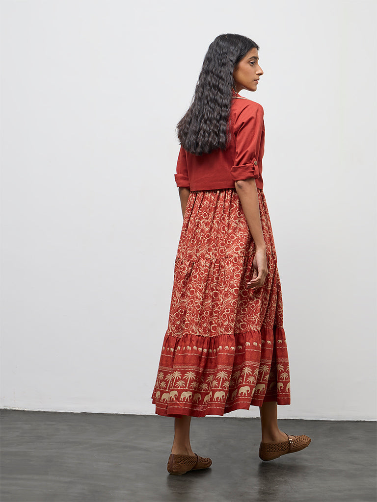 Bombay Paisley Rust Cotton Tiered Dress with Jacket Set