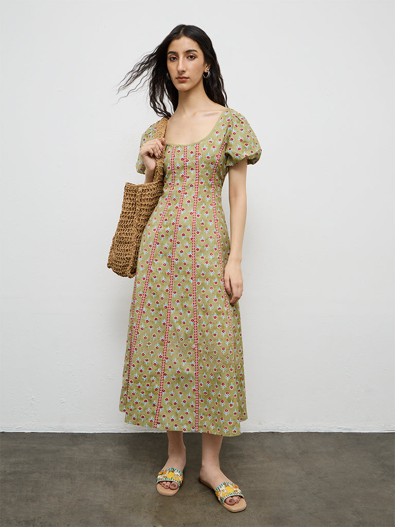 Bombay Paisley Green Printed A-Line Cotton-Blend Dress