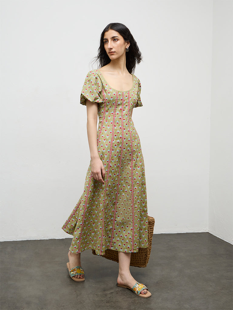 Bombay Paisley Green Printed A-Line Cotton-Blend Dress