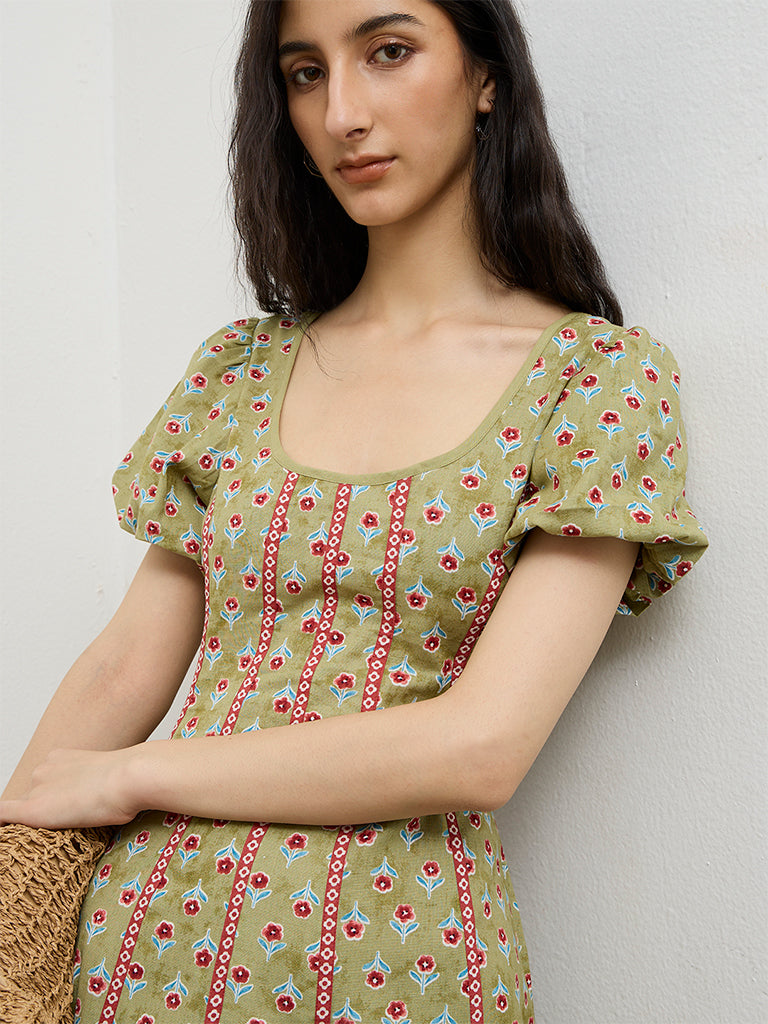 Bombay Paisley Green Printed A-Line Cotton-Blend Dress
