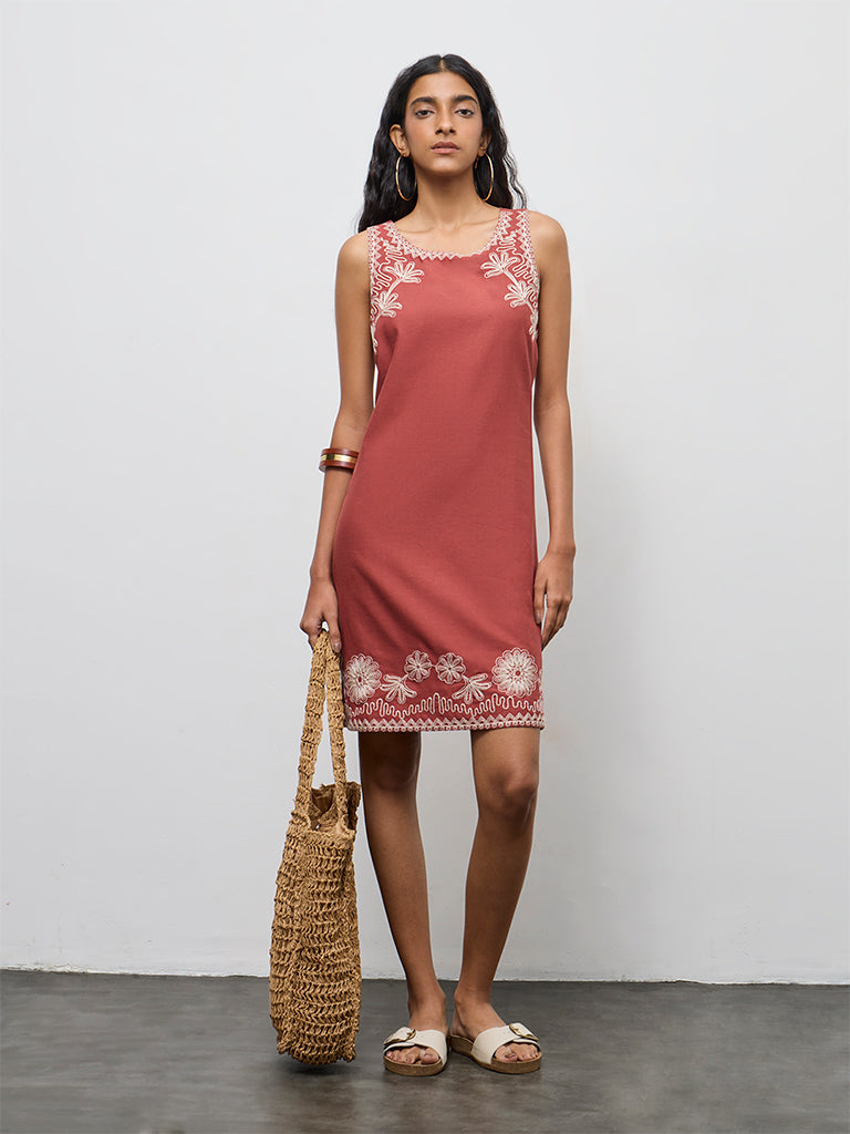 Bombay Paisley Rust Embroidered Cotton-Blend Shift Dress