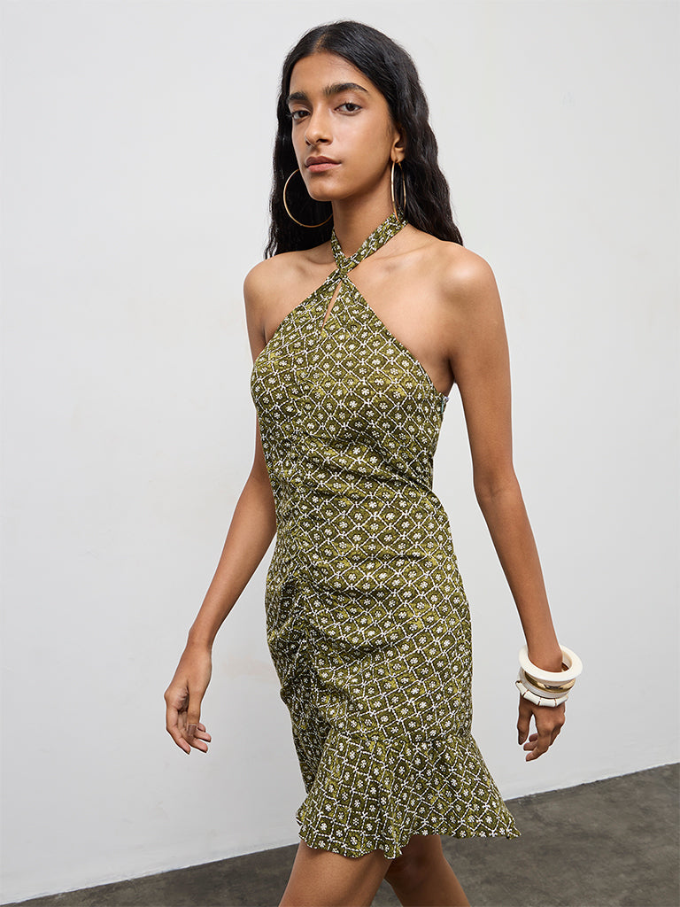 Bombay Paisley Olive Printed Cotton Straight Dress
