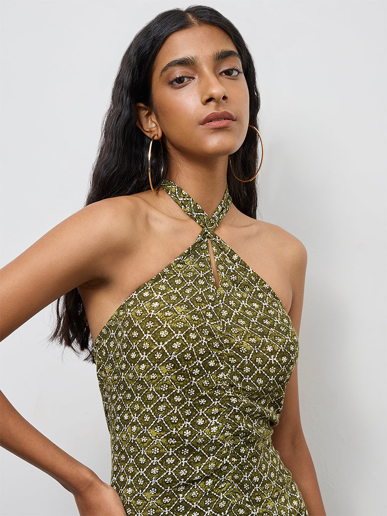 Bombay Paisley Olive Printed Cotton Straight Dress