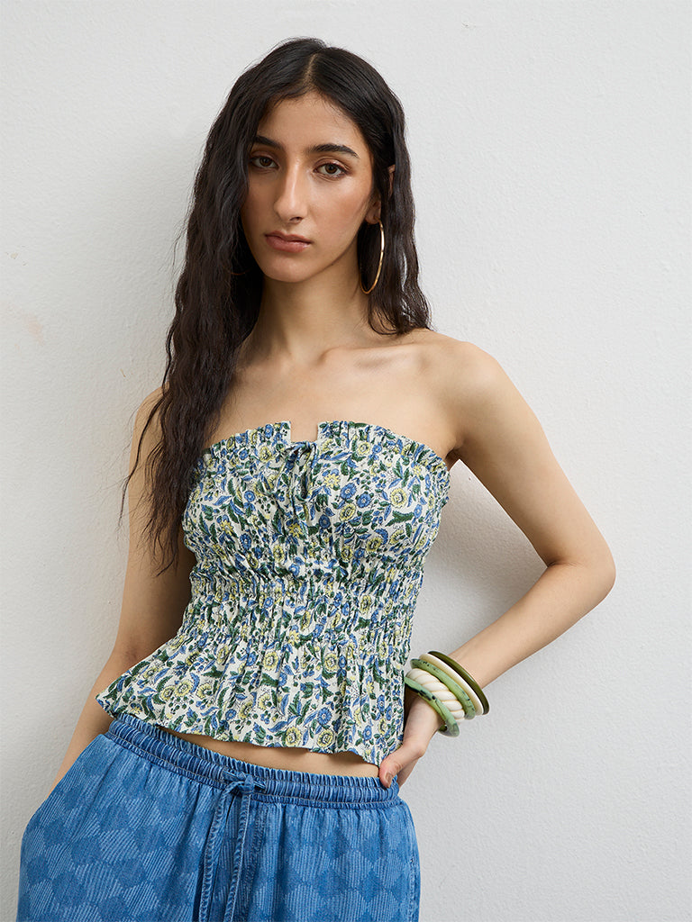 Bombay Paisley Off-White Floral Cotton-Blend Tube Top