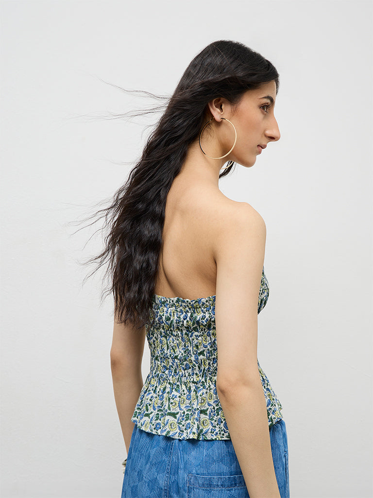 Bombay Paisley Off-White Floral Cotton-Blend Tube Top