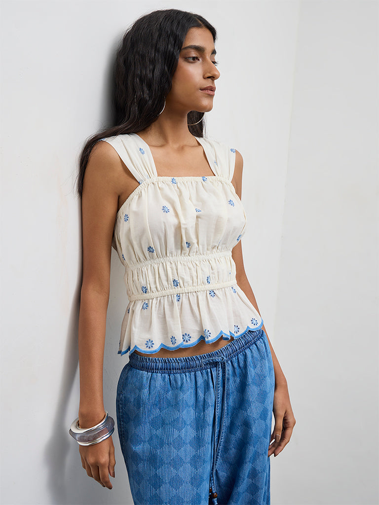 Bombay Paisley White Embroidered Cotton Top