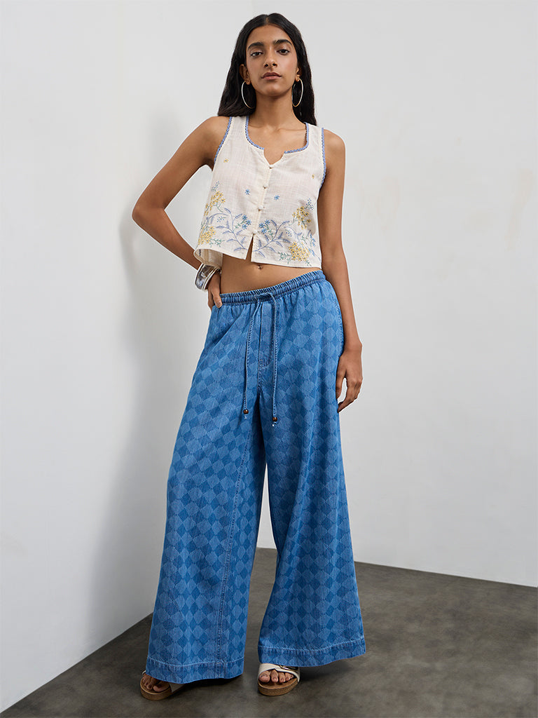 Bombay Paisley Off-White Floral Embroidered Cotton Top