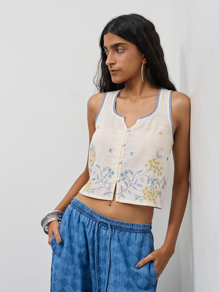 Bombay Paisley Off-White Floral Embroidered Cotton Top