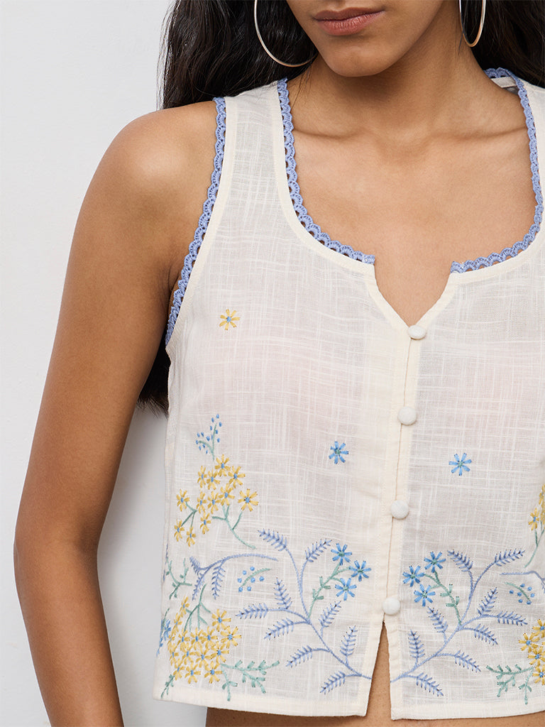 Bombay Paisley Off-White Floral Embroidered Cotton Top