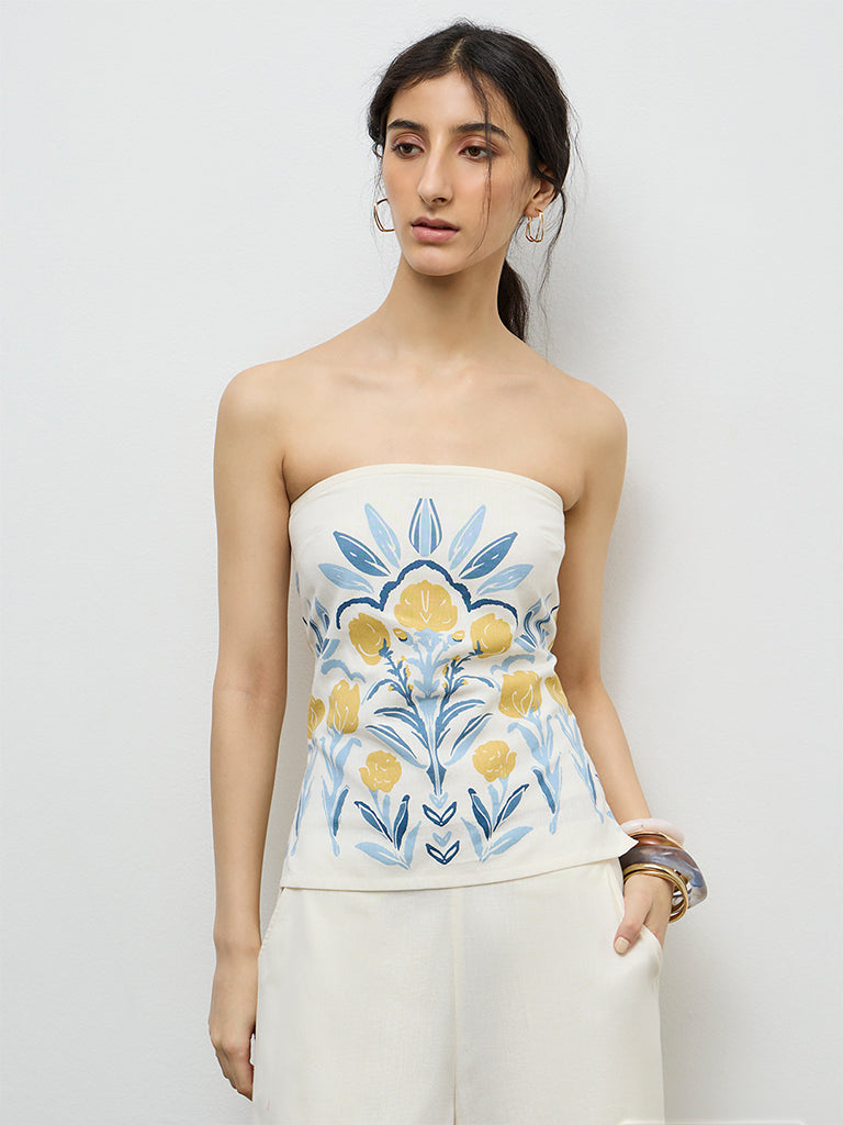 Bombay Paisley Off-White Floral Cotton-Blend Tube Top