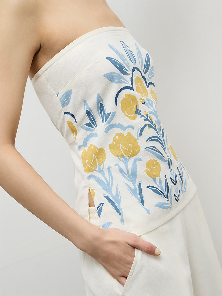 Bombay Paisley Off-White Floral Cotton-Blend Tube Top