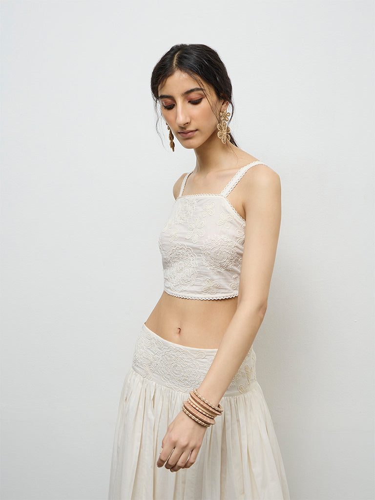 Bombay Paisley Off-White Embroidered Cotton Top