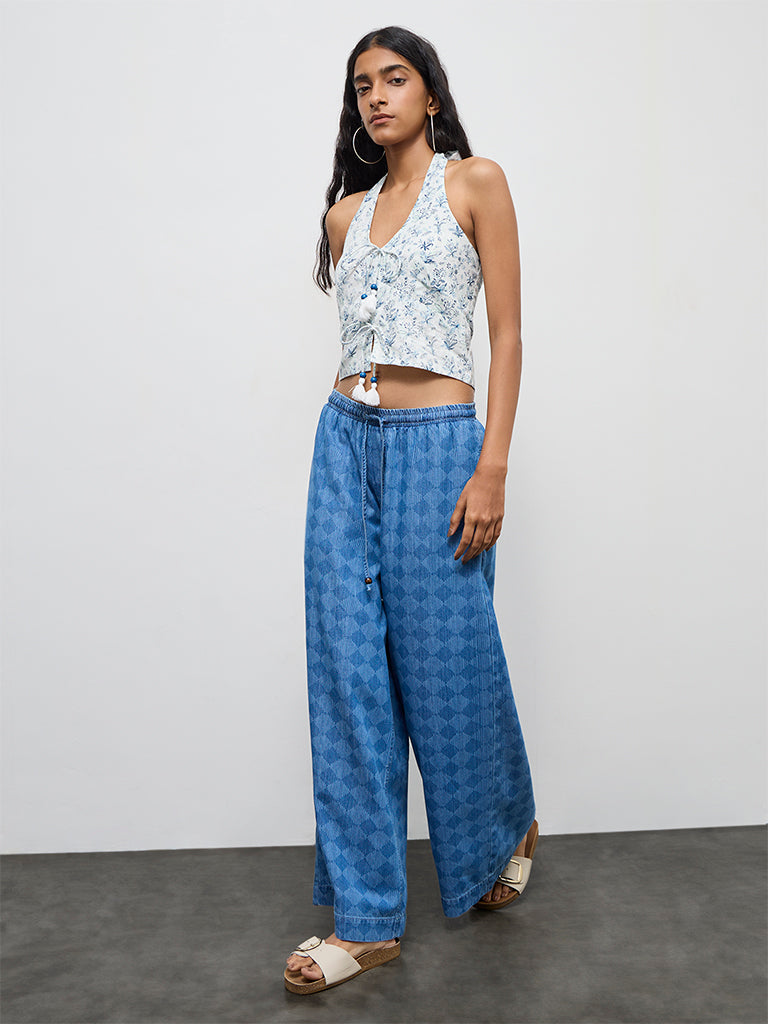 Bombay Paisley White Floral Printed Halter-Neck Cotton Top