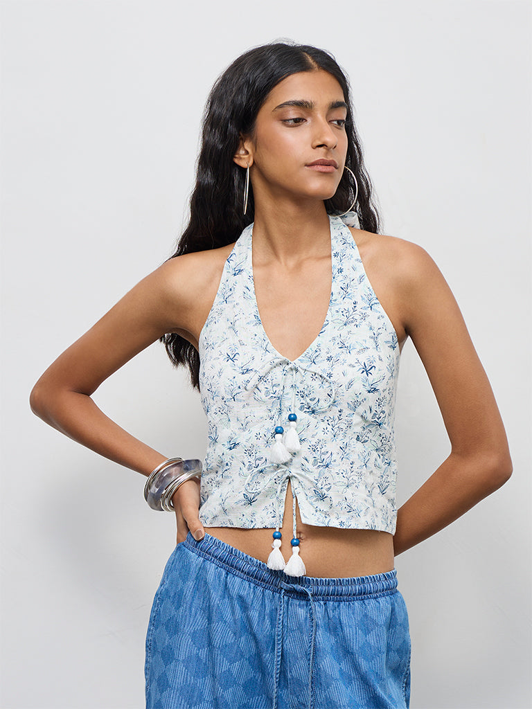 Bombay Paisley White Floral Printed Halter-Neck Cotton Top