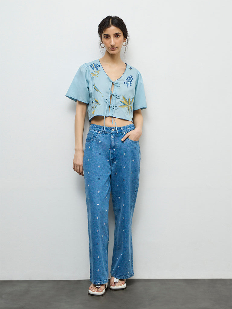 Bombay Paisley Blue Embroidered Cotton-Blend Top