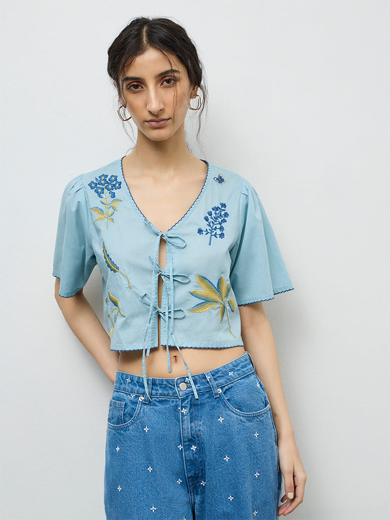 Bombay Paisley Blue Embroidered Cotton-Blend Top