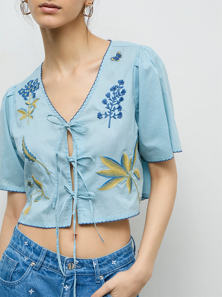 Bombay Paisley Blue Embroidered Cotton-Blend Top