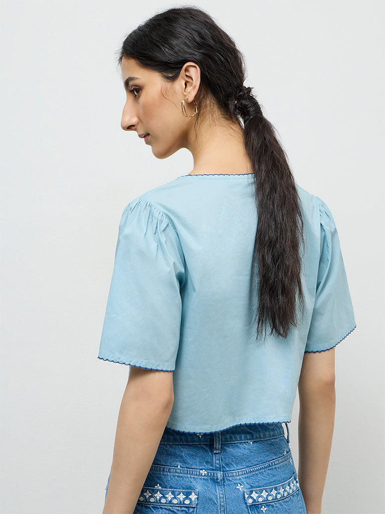 Bombay Paisley Blue Embroidered Cotton-Blend Top