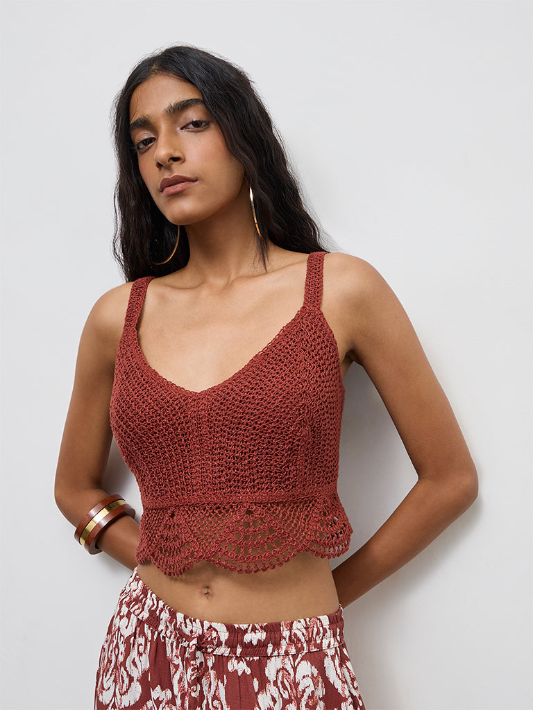 Bombay Paisley Rust Crochet Embroidered Cotton-Blend Top