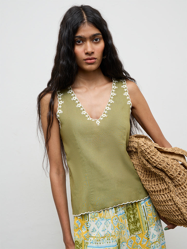 Bombay Paisley Olive Embroidered Cotton-Blend Top